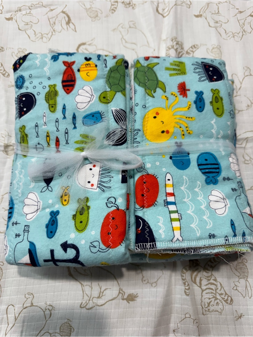 Kids Ocean Print Flannel Blanket set- Light Blue